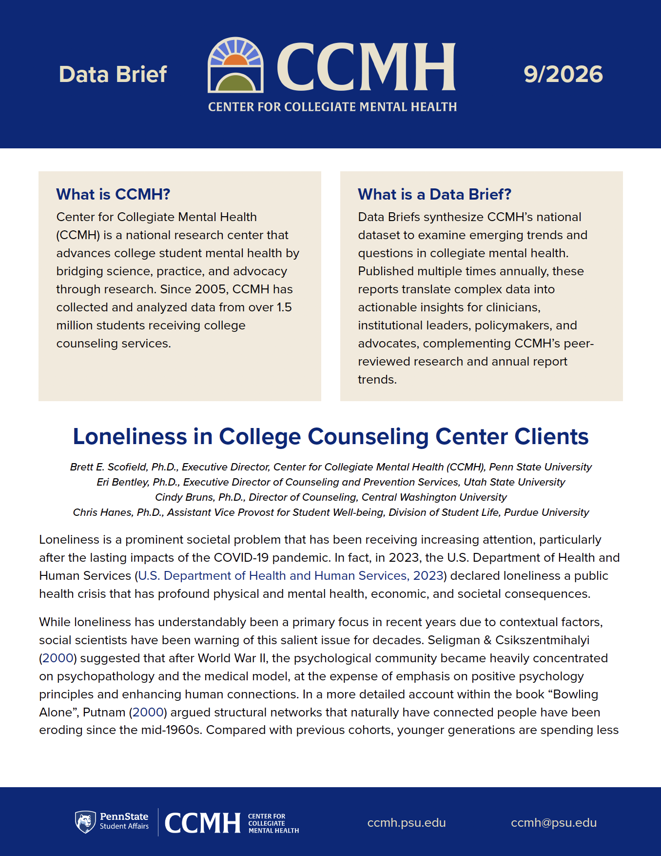Loneliness in College Counseling Center Clients data brief cover page